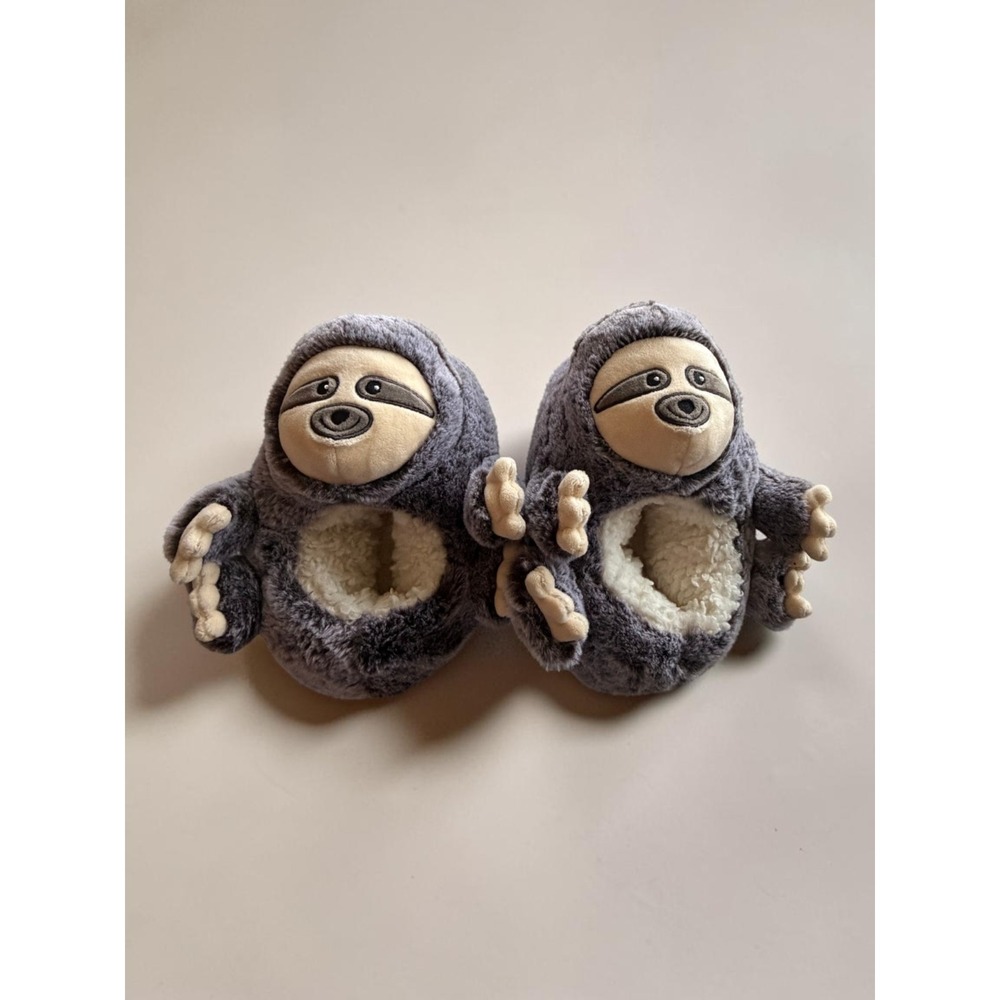 Kids Sloth Plush Slippers Grey Faux Fur Sherpa Lined House Shoes Size S 13/1